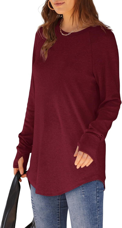 Womens Tunic Tops to Wear with Leggings Long Sleeve Thumb Hole Shirts Crew Neck Curved Hem