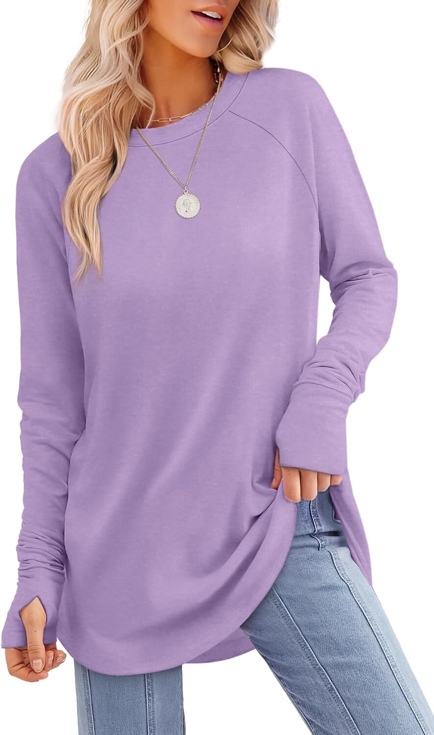 Womens Tunic Tops to Wear with Leggings Long Sleeve Thumb Hole Shirts Crew Neck Curved Hem