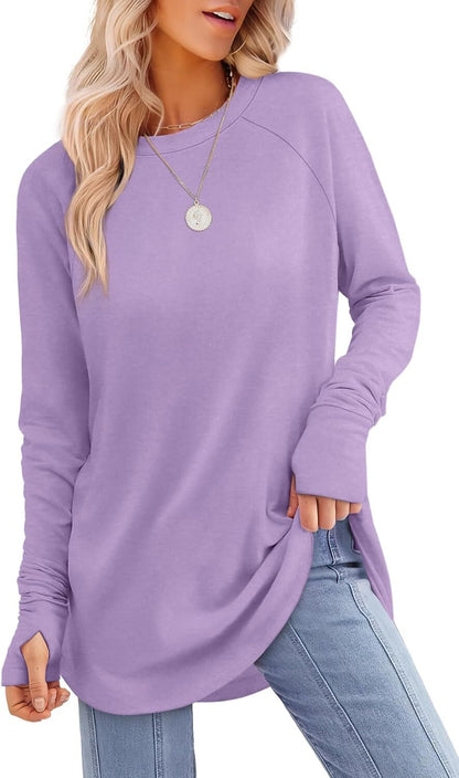 Womens Tunic Tops to Wear with Leggings Long Sleeve Thumb Hole Shirts Crew Neck Curved Hem
