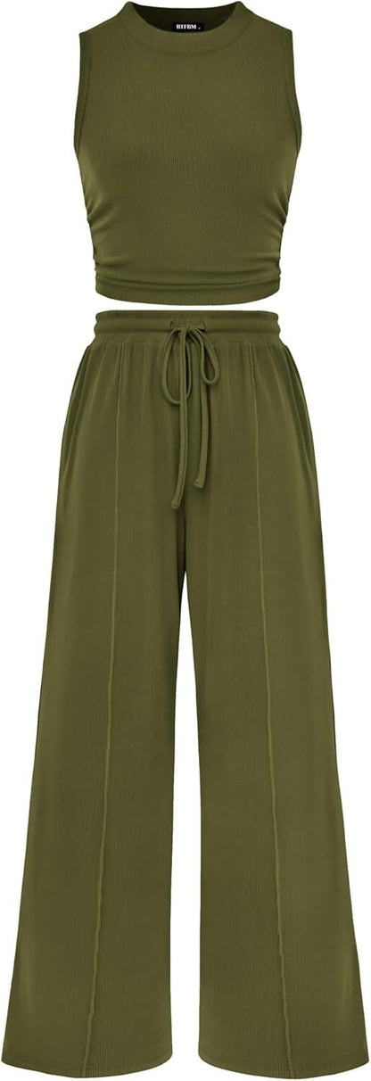 Women Summer 2 Piece Outfits 2026 Beach Crew Neck Sleeveless Cropped Top Elastic Waist Wide Leg Pants Lounge Set