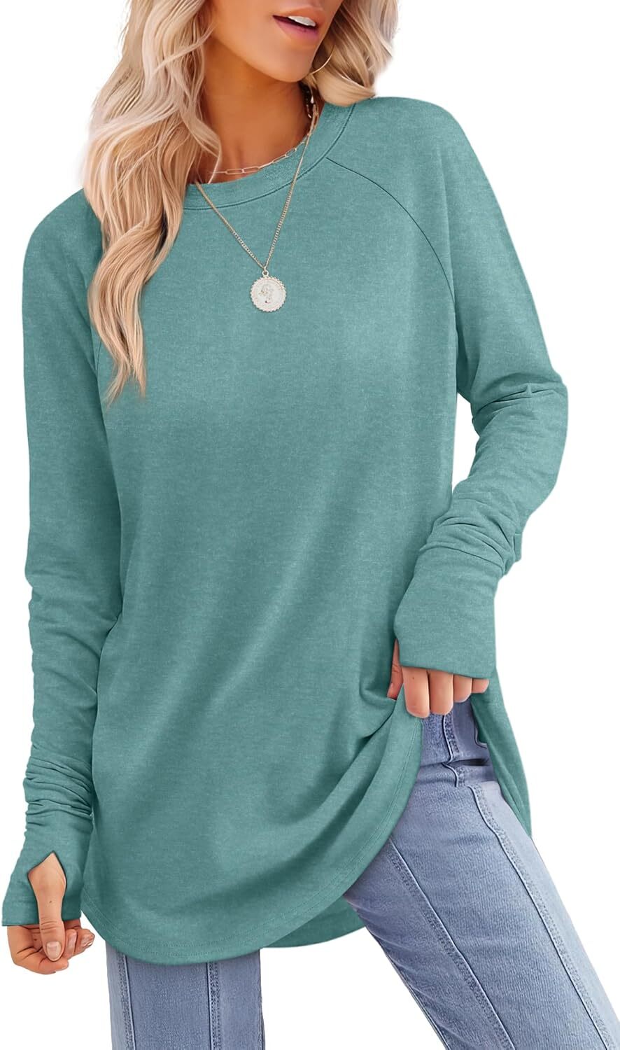 Womens Tunic Tops to Wear with Leggings Long Sleeve Thumb Hole Shirts Crew Neck Curved Hem