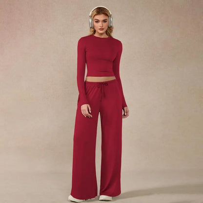 Women's long-sleeved top and wide-leg pants suit