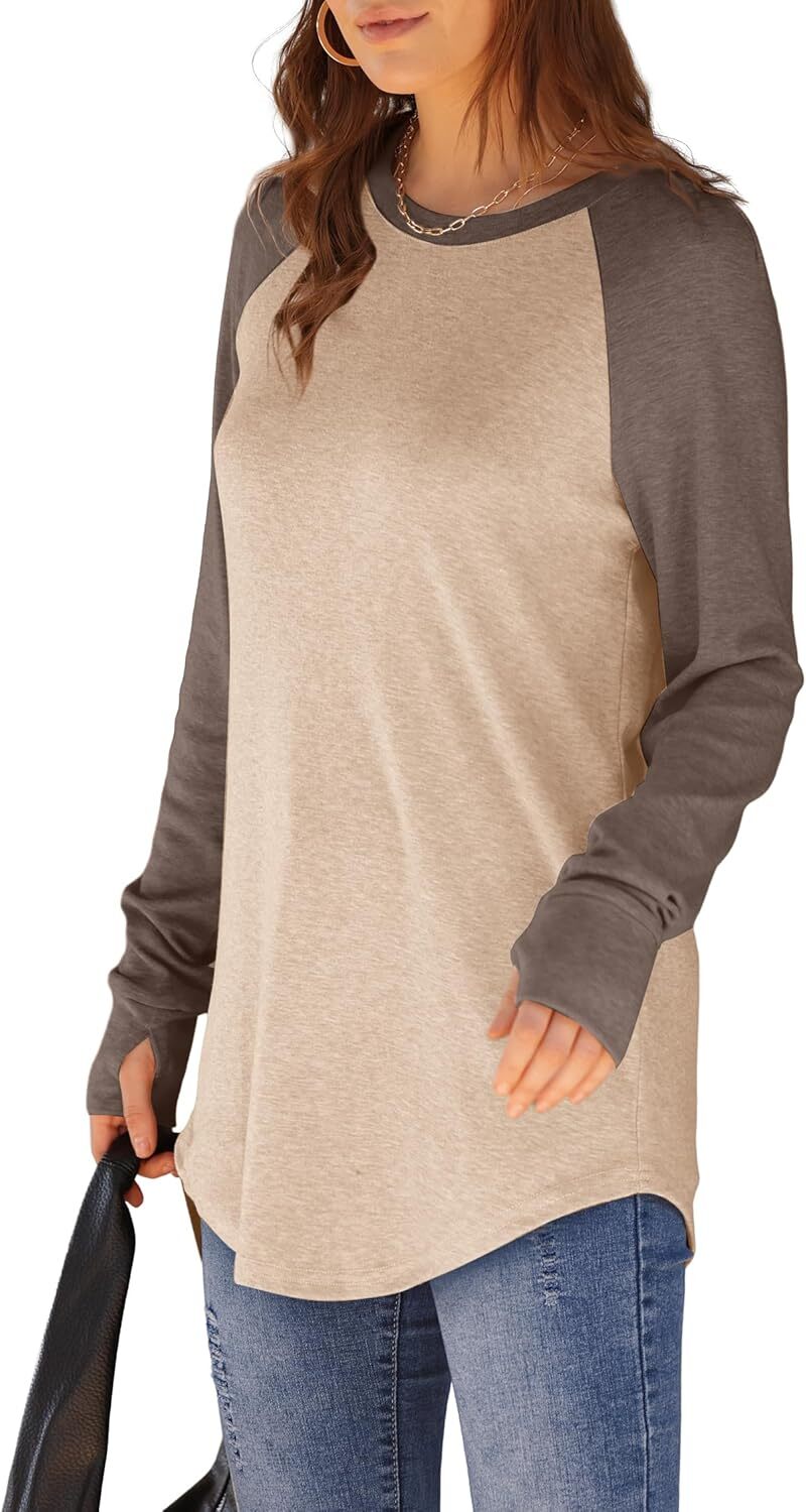 Womens Tunic Tops to Wear with Leggings Long Sleeve Thumb Hole Shirts Crew Neck Curved Hem