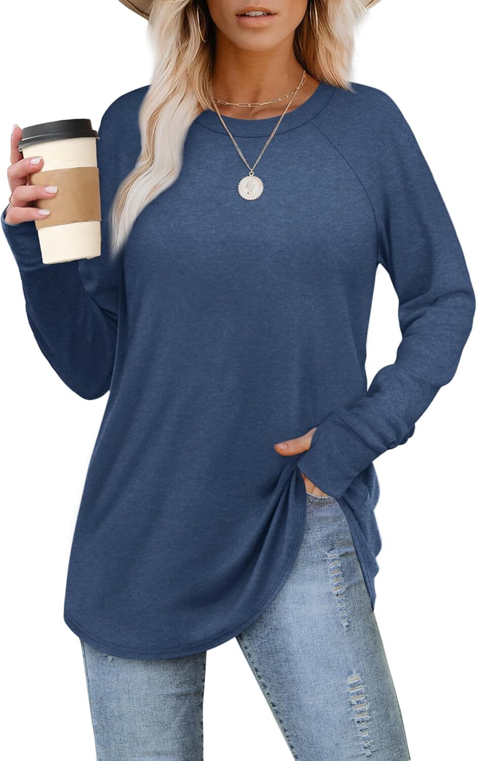 Womens Tunic Tops to Wear with Leggings Long Sleeve Thumb Hole Shirts Crew Neck Curved Hem