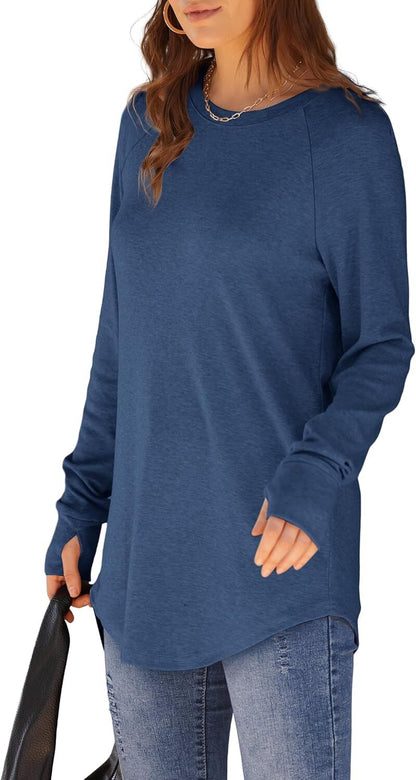Womens Tunic Tops to Wear with Leggings Long Sleeve Thumb Hole Shirts Crew Neck Curved Hem