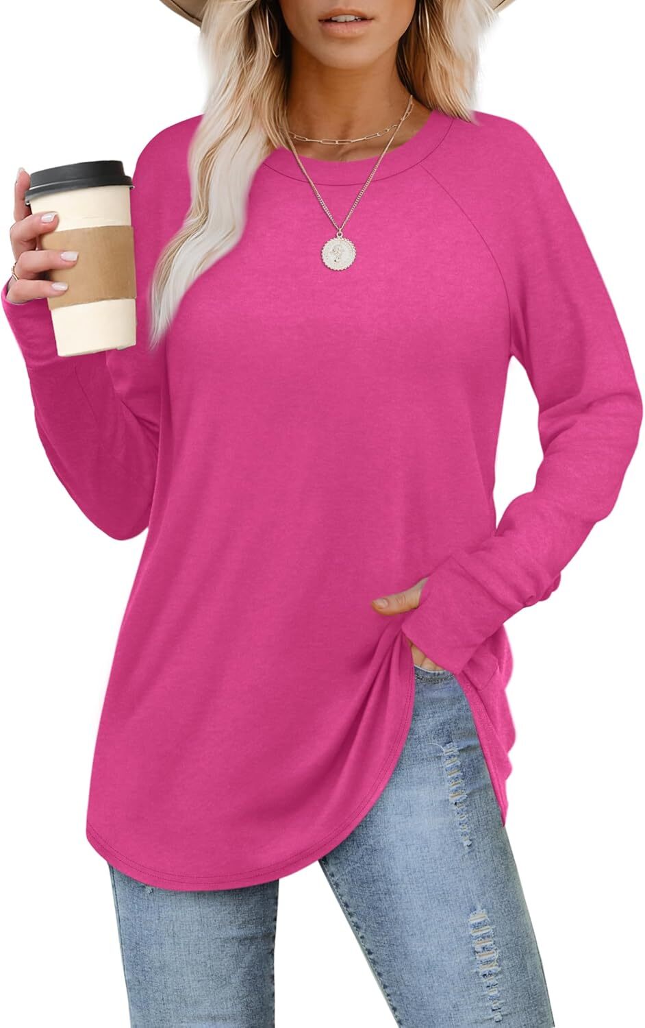 Womens Tunic Tops to Wear with Leggings Long Sleeve Thumb Hole Shirts Crew Neck Curved Hem
