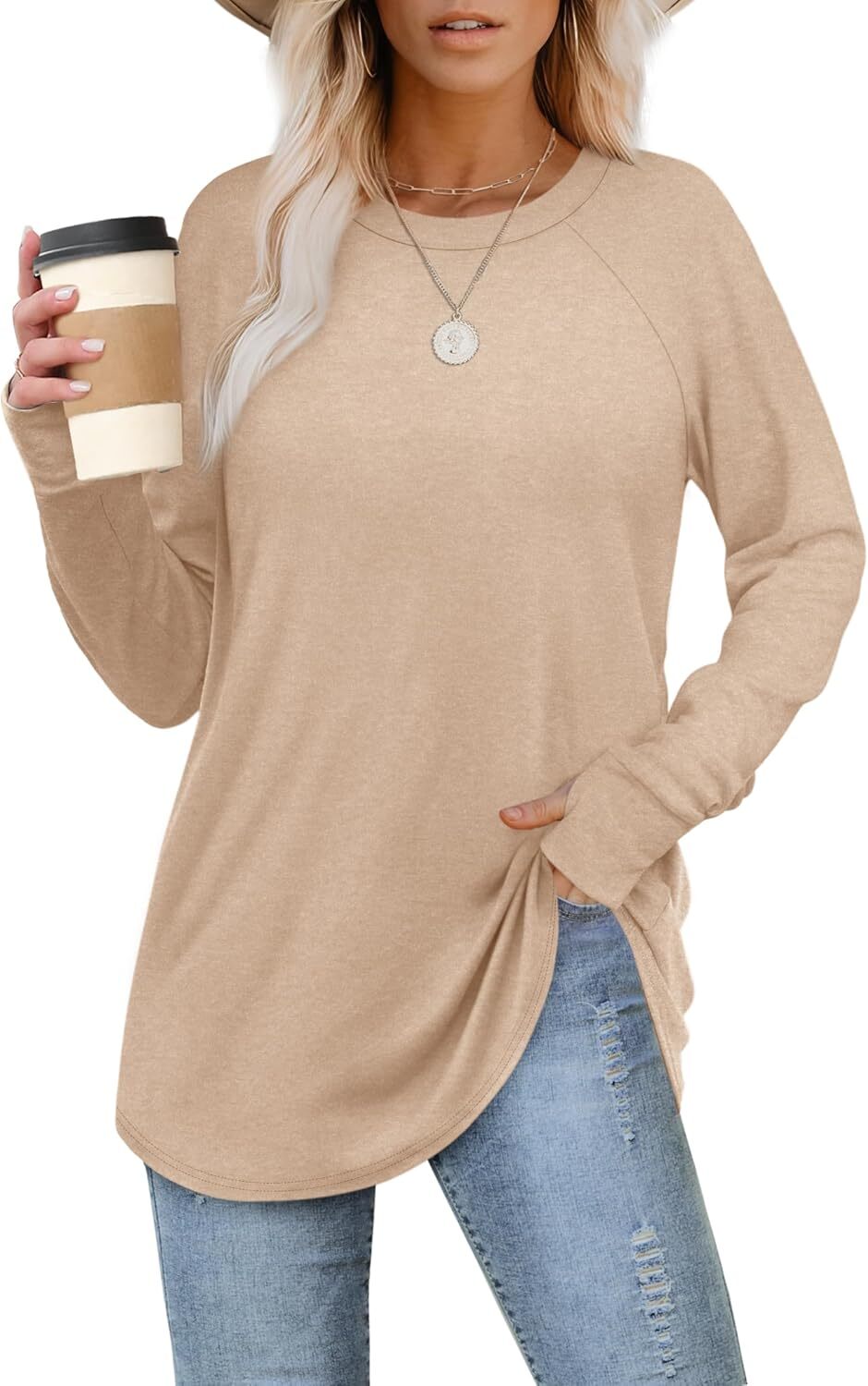 Womens Tunic Tops to Wear with Leggings Long Sleeve Thumb Hole Shirts Crew Neck Curved Hem