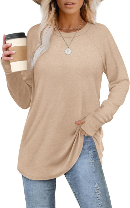 Womens Tunic Tops to Wear with Leggings Long Sleeve Thumb Hole Shirts Crew Neck Curved Hem
