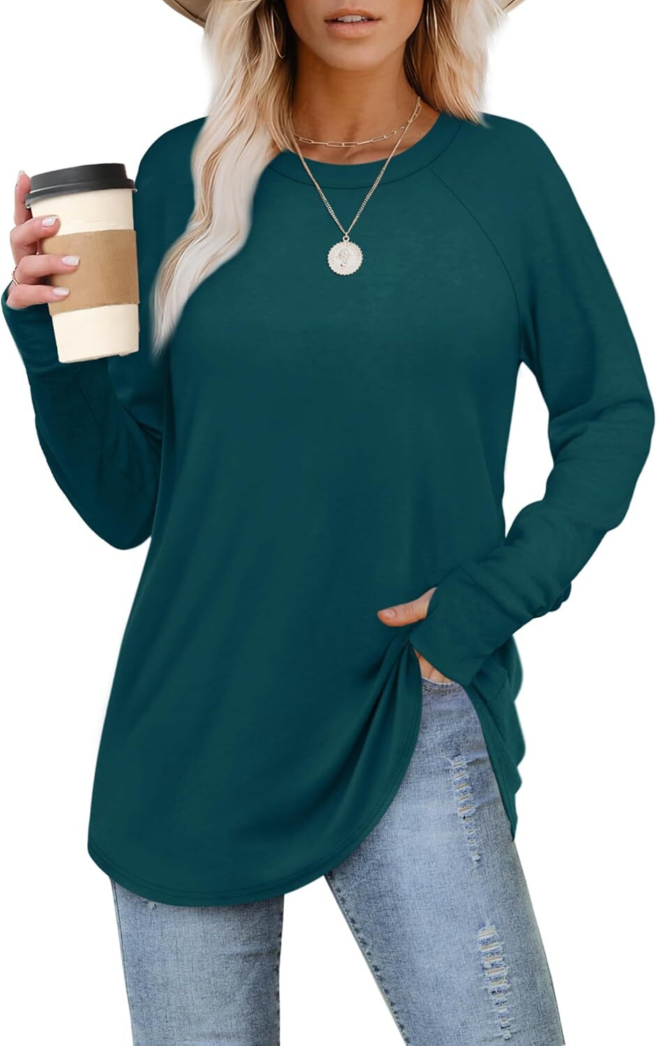 Womens Tunic Tops to Wear with Leggings Long Sleeve Thumb Hole Shirts Crew Neck Curved Hem