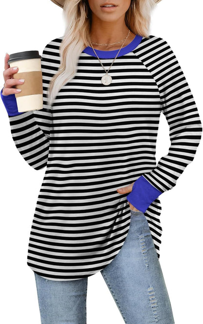 Womens Tunic Tops to Wear with Leggings Long Sleeve Thumb Hole Shirts Crew Neck Curved Hem