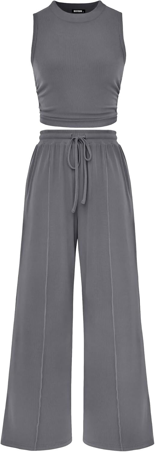 Women Summer 2 Piece Outfits 2026 Beach Crew Neck Sleeveless Cropped Top Elastic Waist Wide Leg Pants Lounge Set