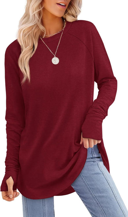 Womens Tunic Tops to Wear with Leggings Long Sleeve Thumb Hole Shirts Crew Neck Curved Hem