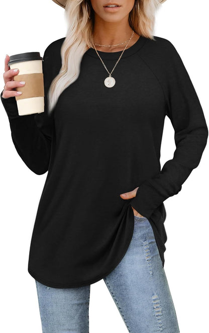 Womens Tunic Tops to Wear with Leggings Long Sleeve Thumb Hole Shirts Crew Neck Curved Hem
