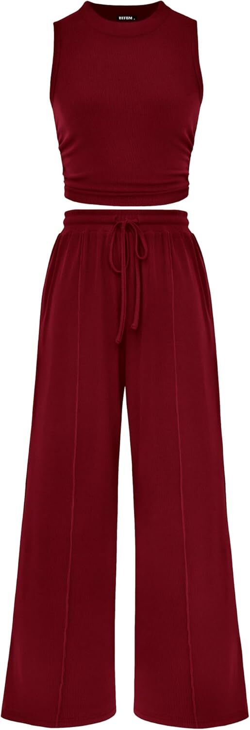 Women Summer 2 Piece Outfits 2026 Beach Crew Neck Sleeveless Cropped Top Elastic Waist Wide Leg Pants Lounge Set