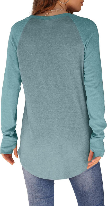 Womens Tunic Tops to Wear with Leggings Long Sleeve Thumb Hole Shirts Crew Neck Curved Hem