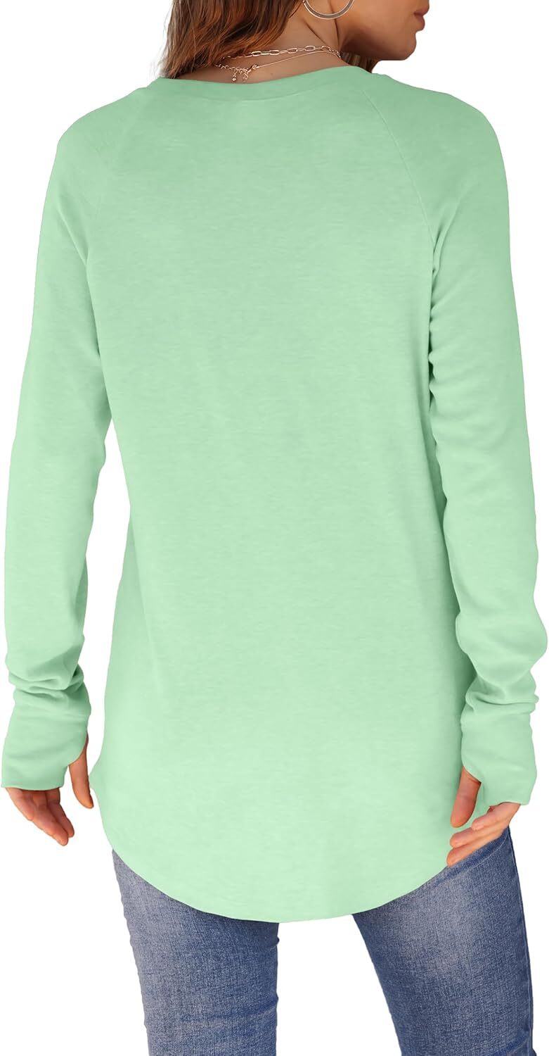 Womens Tunic Tops to Wear with Leggings Long Sleeve Thumb Hole Shirts Crew Neck Curved Hem