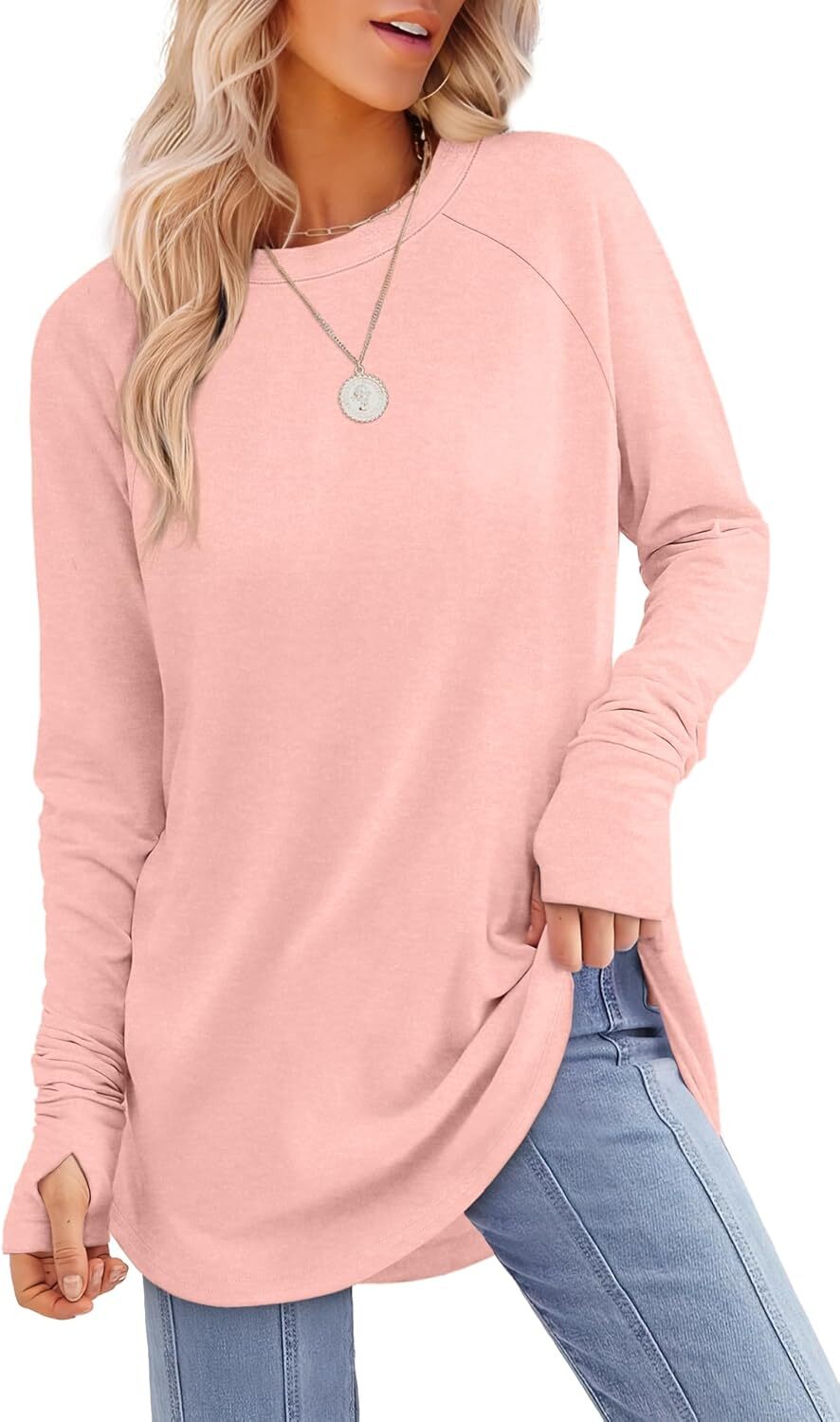 Womens Tunic Tops to Wear with Leggings Long Sleeve Thumb Hole Shirts Crew Neck Curved Hem