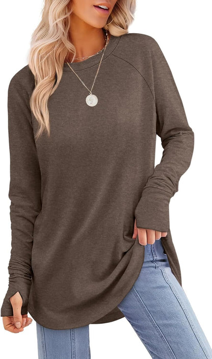 Womens Tunic Tops to Wear with Leggings Long Sleeve Thumb Hole Shirts Crew Neck Curved Hem