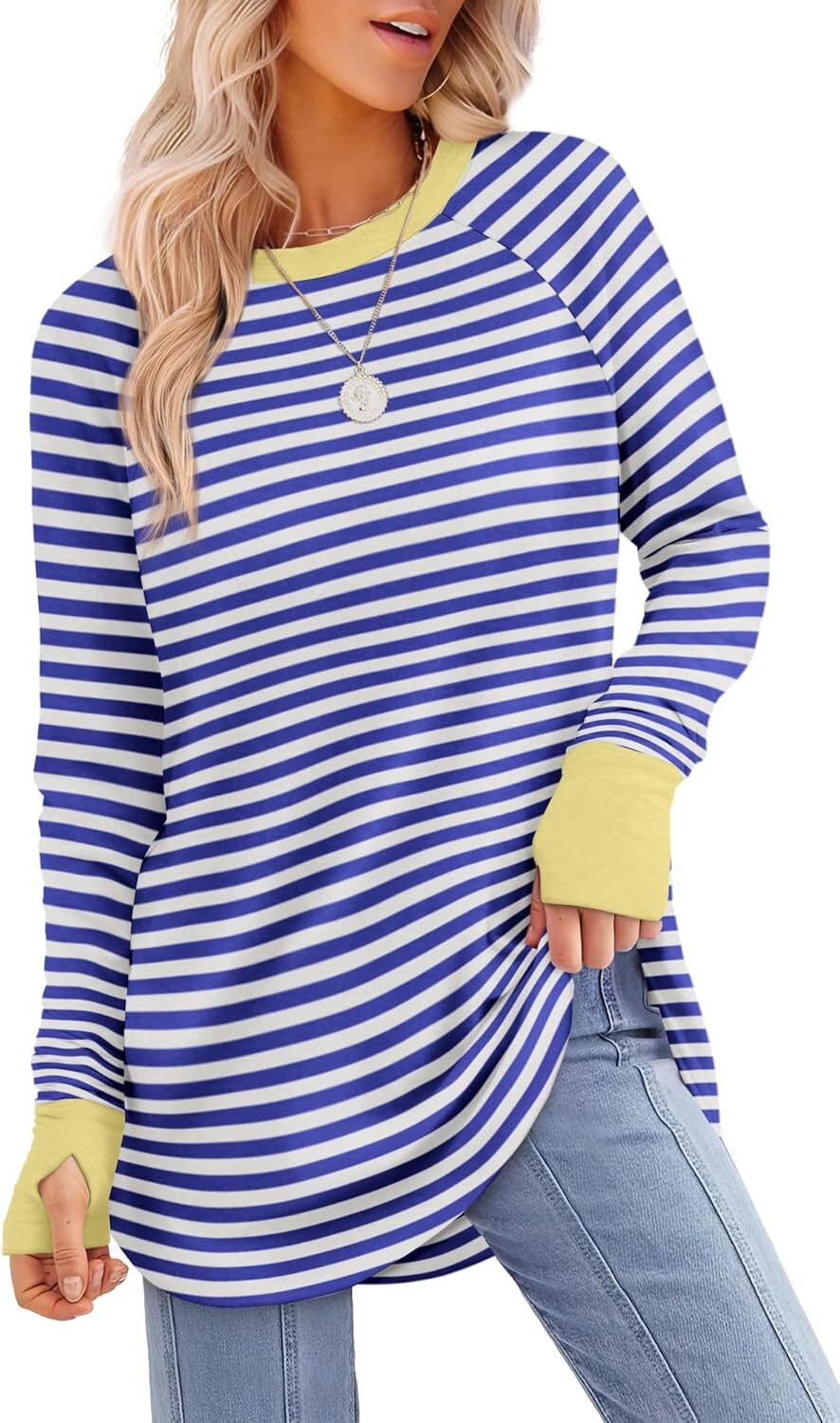 Womens Tunic Tops to Wear with Leggings Long Sleeve Thumb Hole Shirts Crew Neck Curved Hem