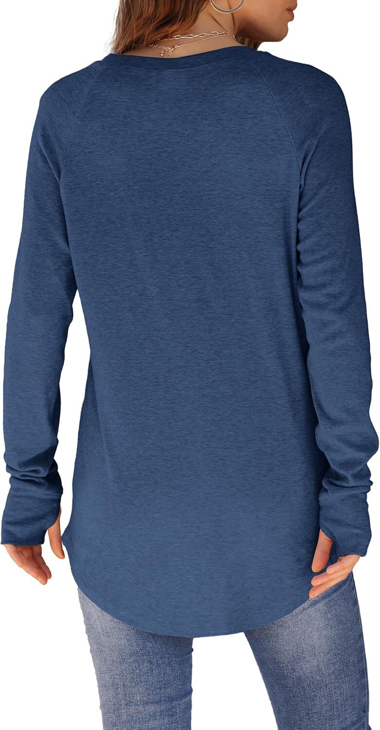 Womens Tunic Tops to Wear with Leggings Long Sleeve Thumb Hole Shirts Crew Neck Curved Hem