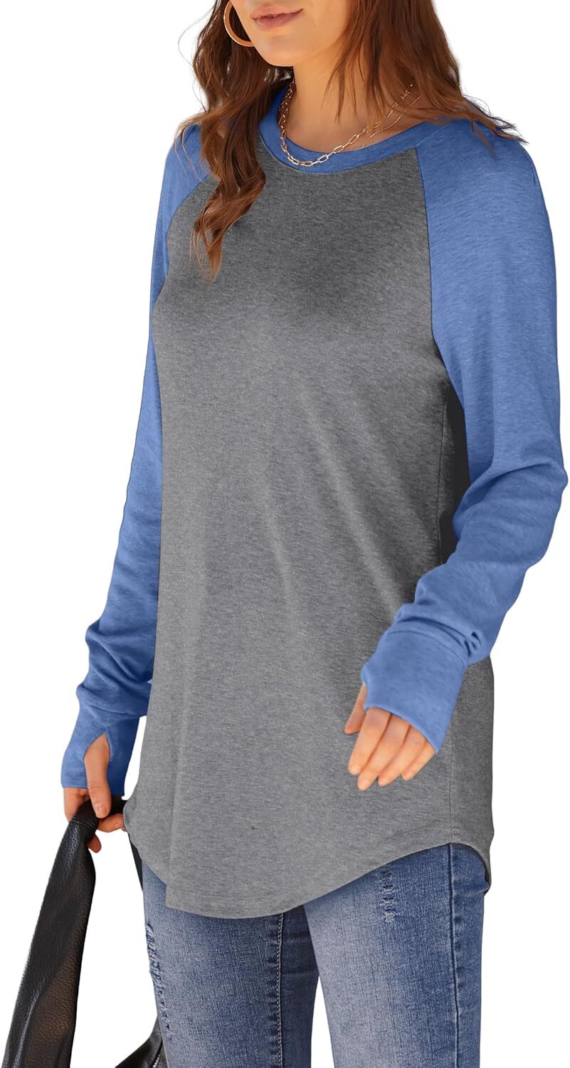 Womens Tunic Tops to Wear with Leggings Long Sleeve Thumb Hole Shirts Crew Neck Curved Hem